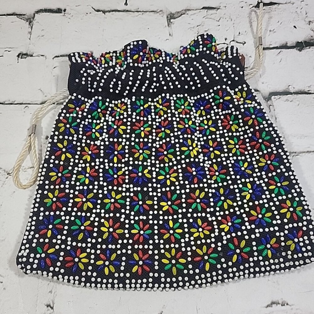 Vintage Candy Dot Beaded Cinch Purse Reversible Drawstring Multi Color